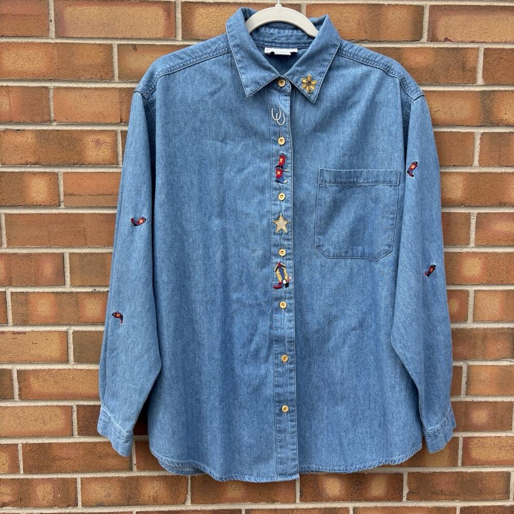 Vintage Christopher Banks Shirt Womens L Jean Denim Embroidered Western Boots